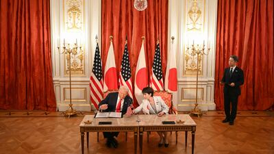 Ms Takaichi and Mr Trump at a signing ceremony at Akasaka Palace in Tokyo. They signed a framework agreement for the supply of critical minerals and rare earths through mining and processing. AFP