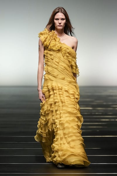 A mustard look from the Alberta Ferretti show. Photo: Dubai Fashion Week
