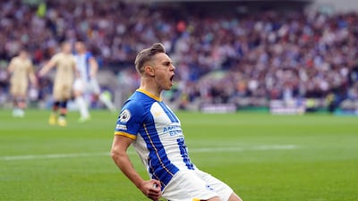 Brighton's Leandro Trossard celebrates scoring the first goal in the 4-1 Premier League win against Chelsea at the Amex Stadium on October 29, 2022. PA