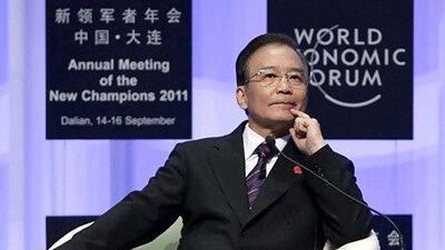 Wen Jiabao, the Chinese premier, at the opening ceremony of the World Economic Forum's meeting in Dalian yesterday. Jason Lee / Reuters