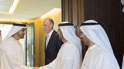 Sheikh Mohammed bin Zayed greets a guest during a moral education forum held at Eastern Mangroves Hotel and Spa by Anantara. Mohammed Al Hammadi / Crown Prince Court - Abu Dhabi