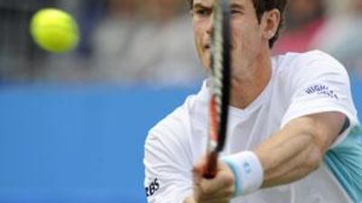 Britain's Andy Murray stretches for a backhand shot against Mardy Fish of the US during the quarter-final match at The AEGON Championships tennis tournament, at Queen's Club, in west London on June 12 2009. Murray won the match 7-5, 6-3.