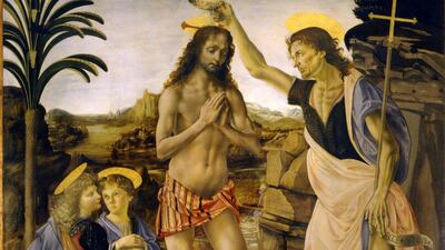 'The Baptism of Christ' (1472-75) is another collaboration between Andrea del Verrocchio and young Da Vinci. It shows the baptism of Jesus by John the Baptist and recorded by the gospels of Matthew, Mark and Luke. Modern critics attribute much of the landscape in the background and the figure of Christ to Da Vinci as well. It can be seen at the Uffizi Gallery in Florence