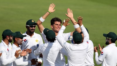 Shaheen Afridi of Pakistan celebrates the wicket of New Zealand's Tom Latham.