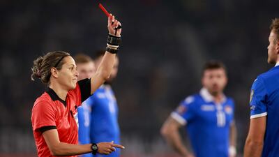 Croatian referee Ivana Martincic shows Liechtenstein's defender Jens Hofer a red card. AFP
