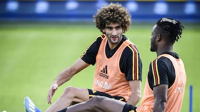 Marouane Fellaini and Michy Batshuayi take part in a Belgium training session ahead of the 2018 World Cup match against England. AFP