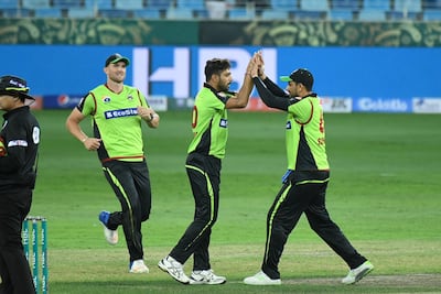 Lahore Qalandars bowler Haris Rauf, centre, definitely lived up to the hype on his PSL bow. Courtesy Pakistan Cricket Board