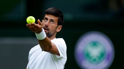 Serbia's Novak Djokovic practices on Center Court ahead of the 2022 Wimbledon Championship. AP