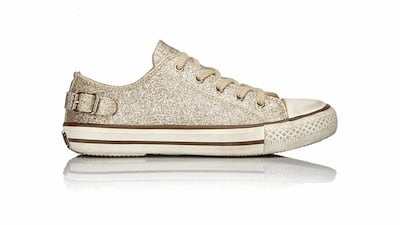 5. The utilitarian princess. Sometimes ballerina flats aren’t sufficient accessories for an otherwise girly outfit, often due to a lack of comfort or simply too-ordinary overall look. In cases such as these, low-top tennis shoes are great alternatives, especially if they’re bejewelled or covered in glitter. Glitter sneakers, Dh399, Kurt Geiger, Marina Mall 02 681 0338; The Dubai Mall, 04 339 9737. Courtesy Kurt Geiger