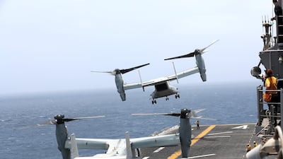 MV-22 Osprey aircraft takes off on the deck.