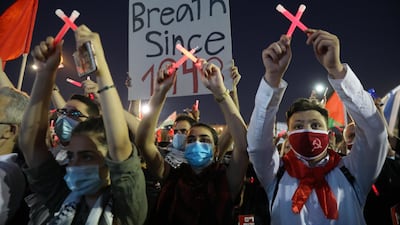 Jewish and Arab Israelis protest against US President Donald Trump's 'peace plan' for the Middle East conflict as they march in Tel Aviv, Israel, on June 6, 2020. EPA