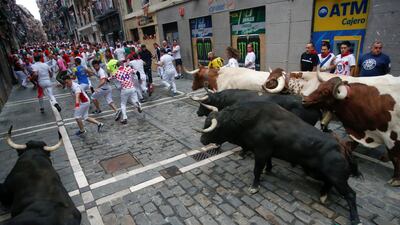 Revellers sprint in front of bulls and steers during the seventh running of the bulls. Reuters