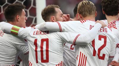 COPENHAGEN, DENMARK - MARCH 29: Christian Eriksen of Denmark celebrates their side's second goal scored by Jesper Lindstrom of Denmark (not pictured) during the international friendly match between Denmark and Serbia at Parken Stadium on March 29, 2022 in Copenhagen, Denmark. (Photo by Martin Rose / Getty Images)
