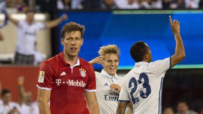 Real Madrid’s Danilo celebrates his goal during the International Champions Cup match between FC Bayern Munich and Real Madrid CF August 3, 2016 at MetLife stadium in East Rutherford, NJ. Don Emmert / AFP