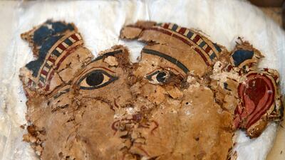 Fragments of colored carttonage on display at the Tuna el-Gebel archaeological site, Egypt. EPA