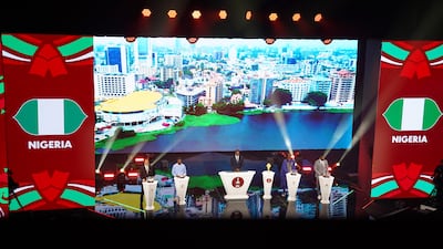 Legendary African players Mustapha Hadji, Serge Aurier, Aliou Cisse and Joseph Yobo with presenter Samson Adamu during the draw ceremony for the 2025 Africa Cup of Nations at the Theatre National Mohammed V in Rabat, Morocco. Reuters
