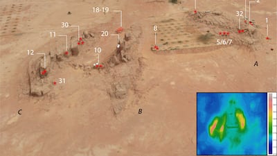 The camel site, viewed from north-west, showing the position of all large reliefs (red stars), small reliefs (white stars) and large fragments (stars with red outline). G. Charloux & M. Guagnin, R. Schwerdtner.