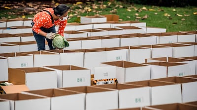 Aid boxes prepared by a volunteer to be delivered in the slums in Nairobi, Kenya on March 28. Luis Tato / AFP