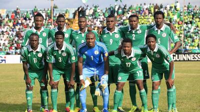 Nigeria's football team pose for a squad photo during World Cup qualifying on November 16, 2013. Sunday Alamba / AP