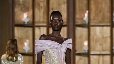 Gold beads are softened with lilac chiffon at Rami Al Ali. Photo: Rami Al Ali