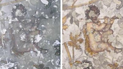 Above, a detail from a painting in Siq Al-Barid, before cleaning, left, and after.