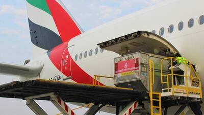 Two Emirates SkyCargo aircraft are loaded with aid at Dubai's International Humanitarian City to be sent to Beirut. Courtesy: Dubai Media Office