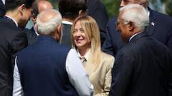 Italian Prime Minister Giorgia Meloni, centre, with India's Prime Minister Narendra Modi and European Council President Antonio Costa. Getty Images.