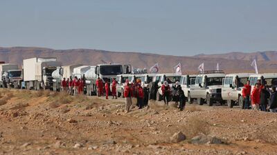 A convoy of 133 lorries carrying aid arrives at the Rukban Syrian refugee camp on February 06, 2019. AFP / Syrian Red Crescent
