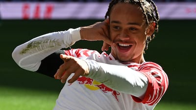 Dutch attacker Xavi Simons celebrates scoring for German side RB Leipzig. AFP