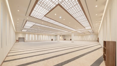 The airy prayer room has a stylised ceiling and light fixtures. Photo: Yas Mall