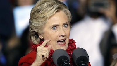 Democratic presidential candidate Hillary Clinton speaks during a campaign stop at the base of the John A. Roebling Suspension Bridge in Cincinnati. Matt Rourke / AP Photo