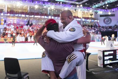Paulo Pinto celebrates after beating Raphael Souza at Abu Dhabi World Professional Jiu-Jitsu Championship at Mubadala Arena. Reem Mohammed / The National