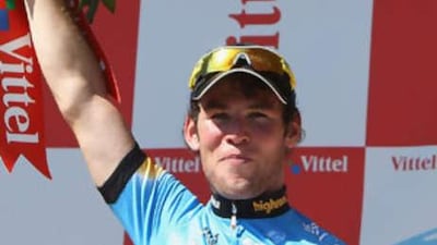 The Team Columbia rider Mark Cavendish celebrates his maiden stage win on Wednesday.