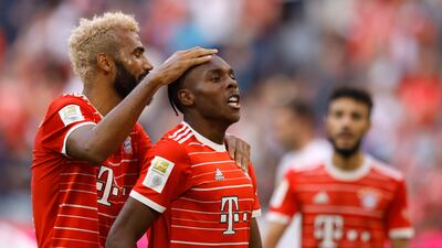 Munich's Mathys Tel celebrates with teammate Eric Maxim Choupo-Moting after scoring the fifth. EPA