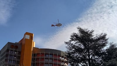 A helicopter leaves the hospital in Sion, Switzerland, where casualties from the deadly New Year bar fire in Crans-Montana were taken for treatment. AFP