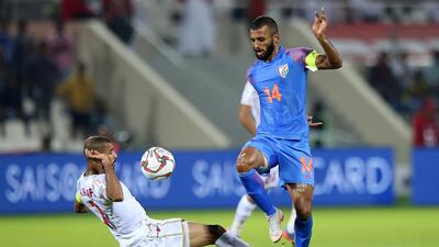 Abdulwahab Ali Alsafi, left, of Bahrain in action against Hali Pronay Halder of India. EPA