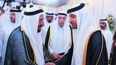 Dr Sheikh Sultan bin Mohammed Al Qasimi, Ruler of Sharjah, greets Sheikh Hazza bin Zayed, Deputy Chairman of Abu Dhabi Executive Council, at a reception hosted by Sheikh Mohammed bin Saud Al Qasimi, Chairman of Sharjah Finance Department, to celebrate his son’s wedding. Wam