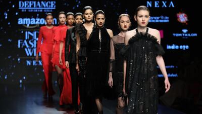 Blacks and reds dominated Adarsh Gill's latest collection. Rajat Gupta / EPA