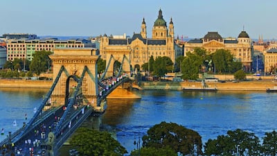 The Chain Bridge in Budapest, Hungary, which was built in 1849 as the city’s first permanent link across the Danube. The river divides the city into two halves: Buda on one bank and the bustling downtown Pest on the other. Rudy Sulgan / Corbis