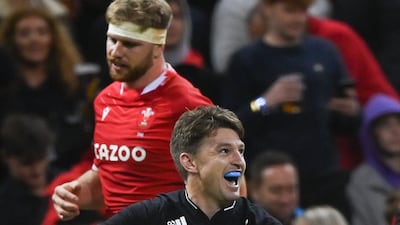 Beauden Barrett celebrates in Cardiff. EPA