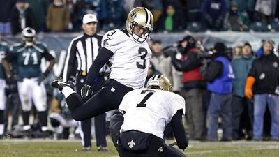 New Orleans Saints kicker Shayne Graham, No 3, kicks the game-winning field goal on the final play against the Philadelphia Eagles. Geoff Burke / USA TODAY Sports