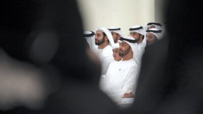 Sheikh Mohammed bin Zayed, Crown Prince of Abu Dhabi and Deputy Supreme Commander of the UAE Armed Forces (C), listens to a lecture by Omar Habtoor Al Darei titled "Reclaiming Religion In The Age of Extremism", at Majlis Mohamed bin Zayed. Hamad Al Kaabi / Crown Prince Court - Abu Dhabi