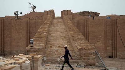 Restoration work at the Great Ziggurat in the ancient city of Ur, believed to be the birthplace of Abraham, in Iraq's southern Dhi Qar province. AFP