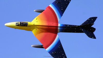 Jonathon Whaley will be piloting his customised 57-year-old red and yellow Hawker Hunter aircraft, nicknamed Miss Demeanour, at the 10th Al Ain Aerobatic Show that runs from November 30 to December 2 this year. Courtesy Al Ain Aerobatic Show