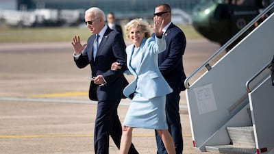 US President Joe Biden and US First Lady Jill Biden disembark from Airforce One at Heathrow, west of London. AFP