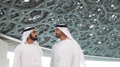 Sheikh Mohammed bin Rashid, left, and Sheikh Mohammed bin Zayed under the roof. Ryan Carter / Crown Prince Court - Abu Dhabi