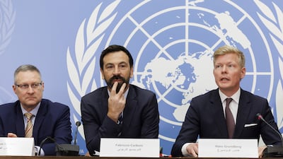 Fabrizio Carboni, centre, ICRC Regional Director for the Near and Middle East, with Hans Grundberg, right, UN Special Envoy for Yemen, and Swiss Ambassador Thomas Gruber. AP