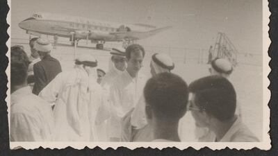 A reception for Sheikh Rashid bin Saeed Al Maktoum, former Vice President of the UAE, during the grand opening of the Dubai Airport, 1960. Copyright Abdulghafoor Al Qasim