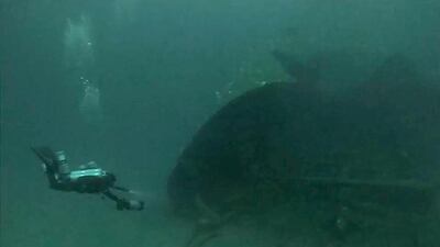 A diver approaches Ines, an oil tanker that lies 70 metres below the sea surface in Fujairah. Courtesy Simon Nadim / XR Hub