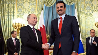 Qatar's Emir Sheikh Tamim meets Russian President Vladimir Putin in Moscow on Thursday. AFP